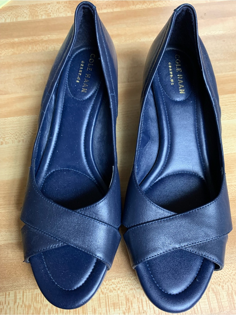 Cole Haan Navy Peep-Toe Wedge Shoes, 
Size 6 1/2